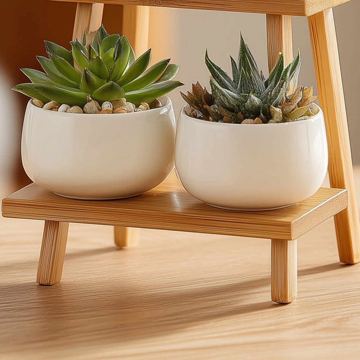 Tiered wooden desktop display stand for small decor close up showing shelf detail