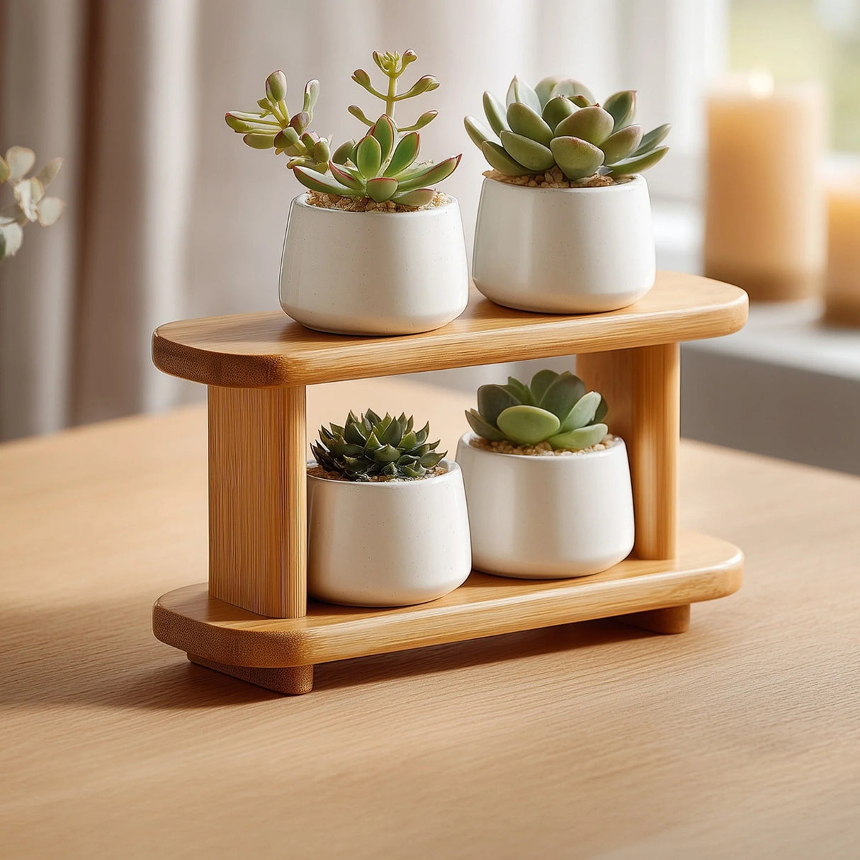 Two tier wooden display stand for small decor on tabletop