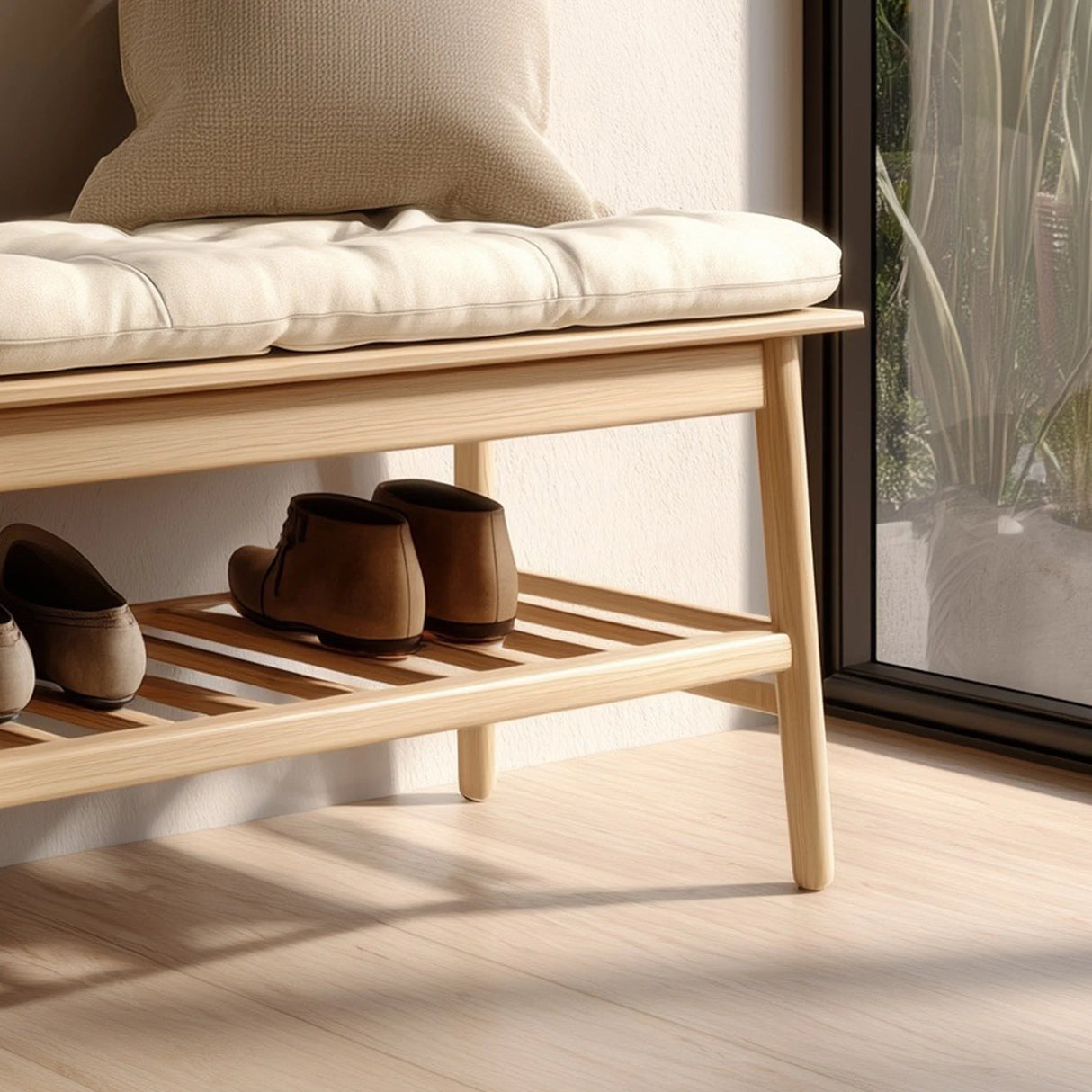Angled view of wooden entry bench showing cushioned top and open storage shelf