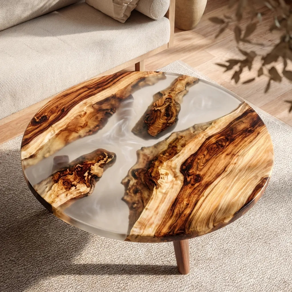 Contemporary wooden resin coffee table with resin inlay detail