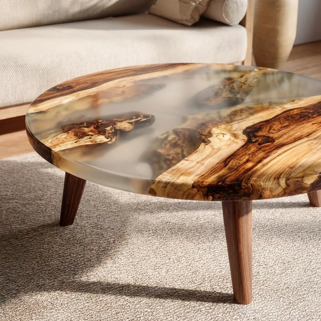 Contemporary wooden resin coffee table with solid wood legs
