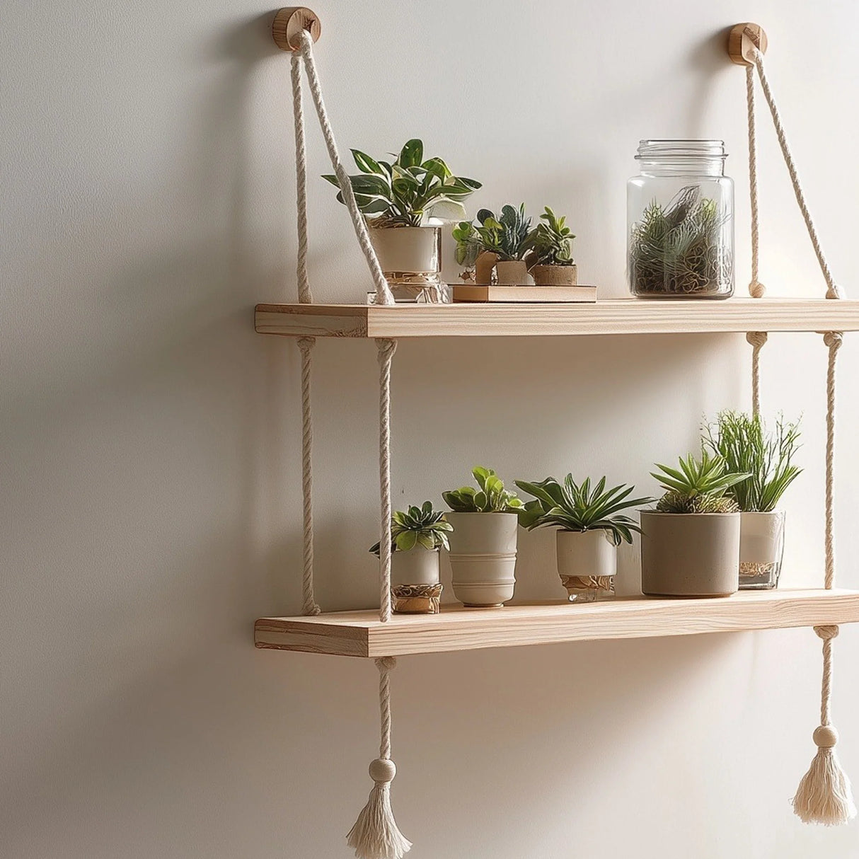 Double tier hanging wooden wall shelf with rope angled view highlighting rope detail
