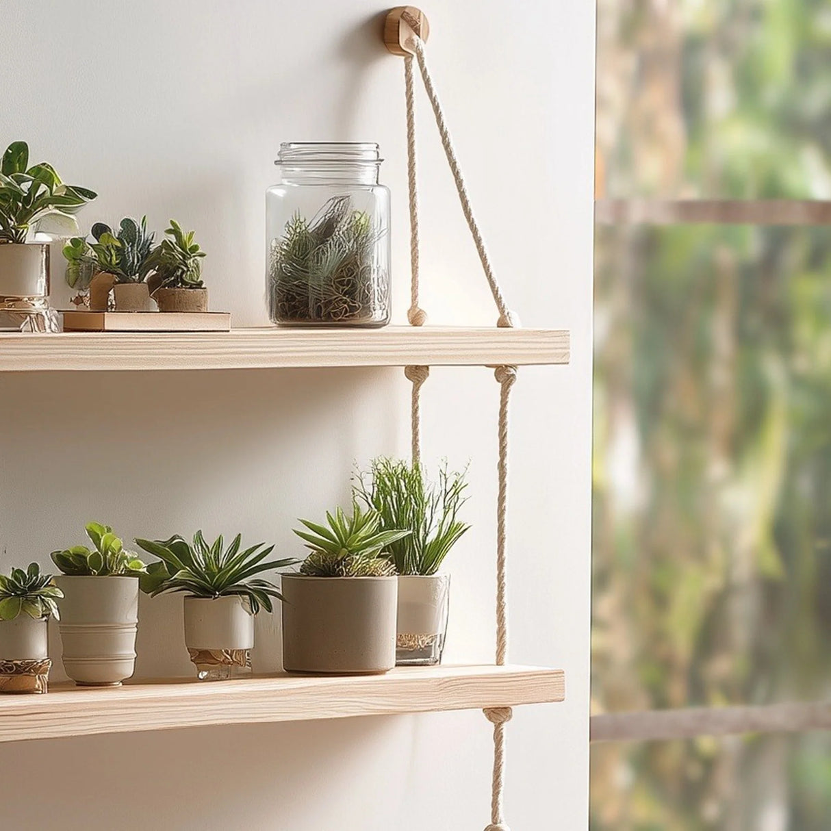 Double tier hanging wooden wall shelf with rope close up showing two level design