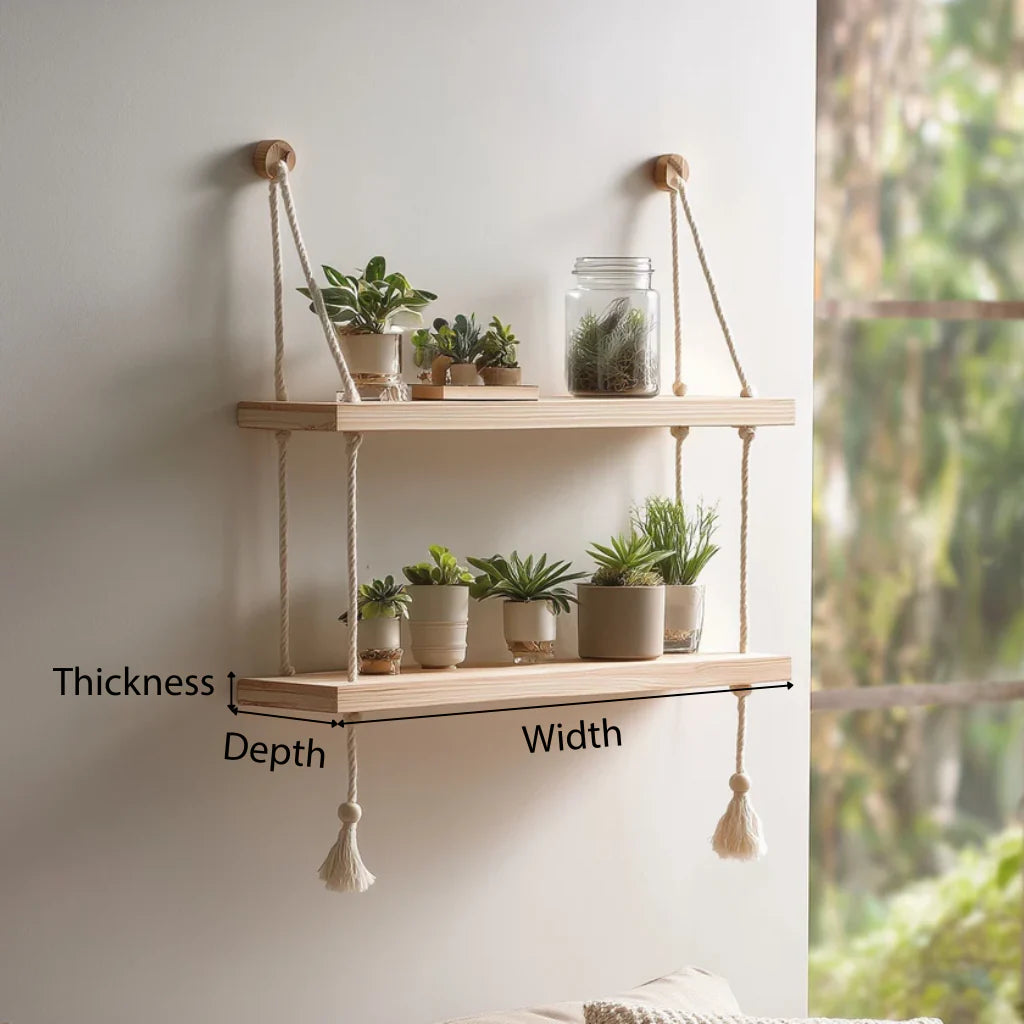 Double tier hanging wooden wall shelf with rope dimensions showing width depth and thickness