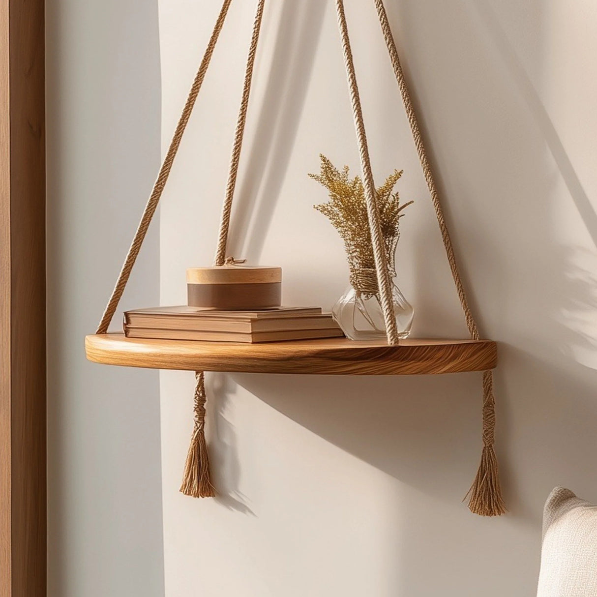 Floating wooden hanging shelf with braided rope close up showing shelf and items