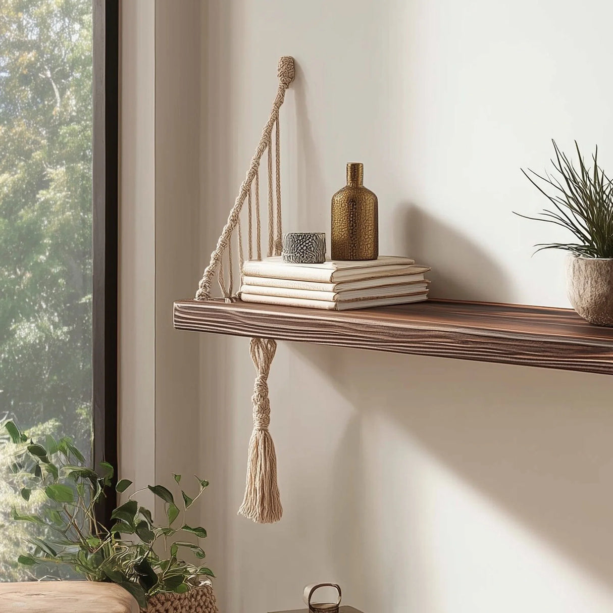 Floating wooden wall shelf with macrame rope angled view highlighting rope detail