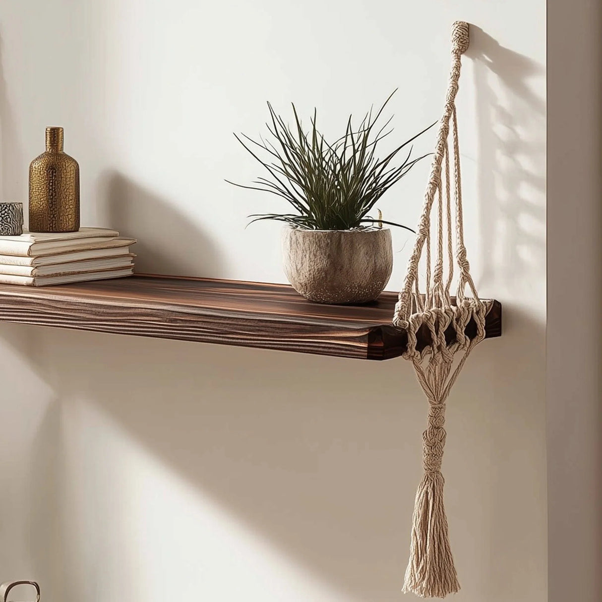 Floating wooden wall shelf with macrame rope close up showing surface and items