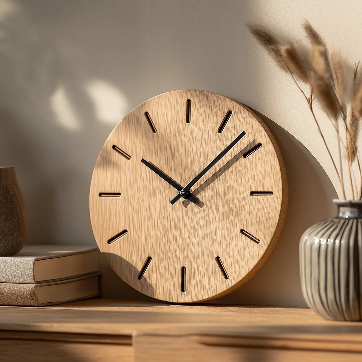 Minimal round wooden table clock with line markers on wooden surface