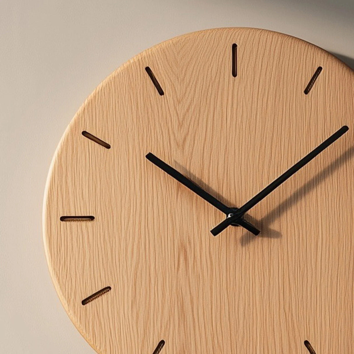 Minimal round wooden wall clock with linear hour marks angled view highlighting wood grain
