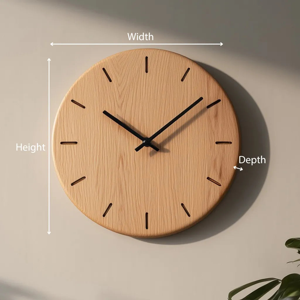 Minimal round wooden wall clock with linear hour marks dimensions showing diameter and depth