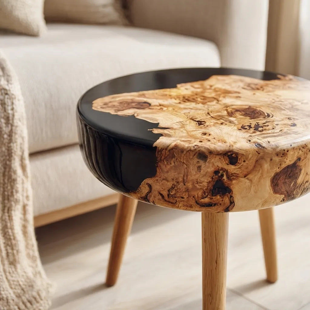 Close up view of round wooden resin tabletop showing natural wood grain and resin detail