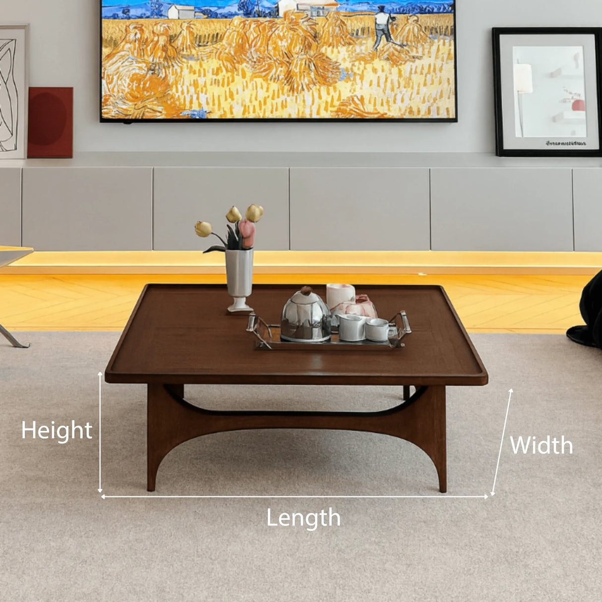 Modern square wooden coffee table with open frame base dimensions showing length width height