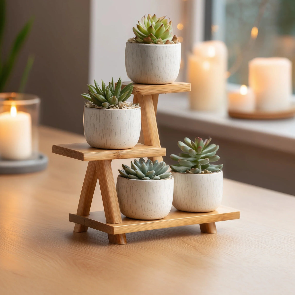 Multi level wooden display stand for small decor on tabletop with candles and plants