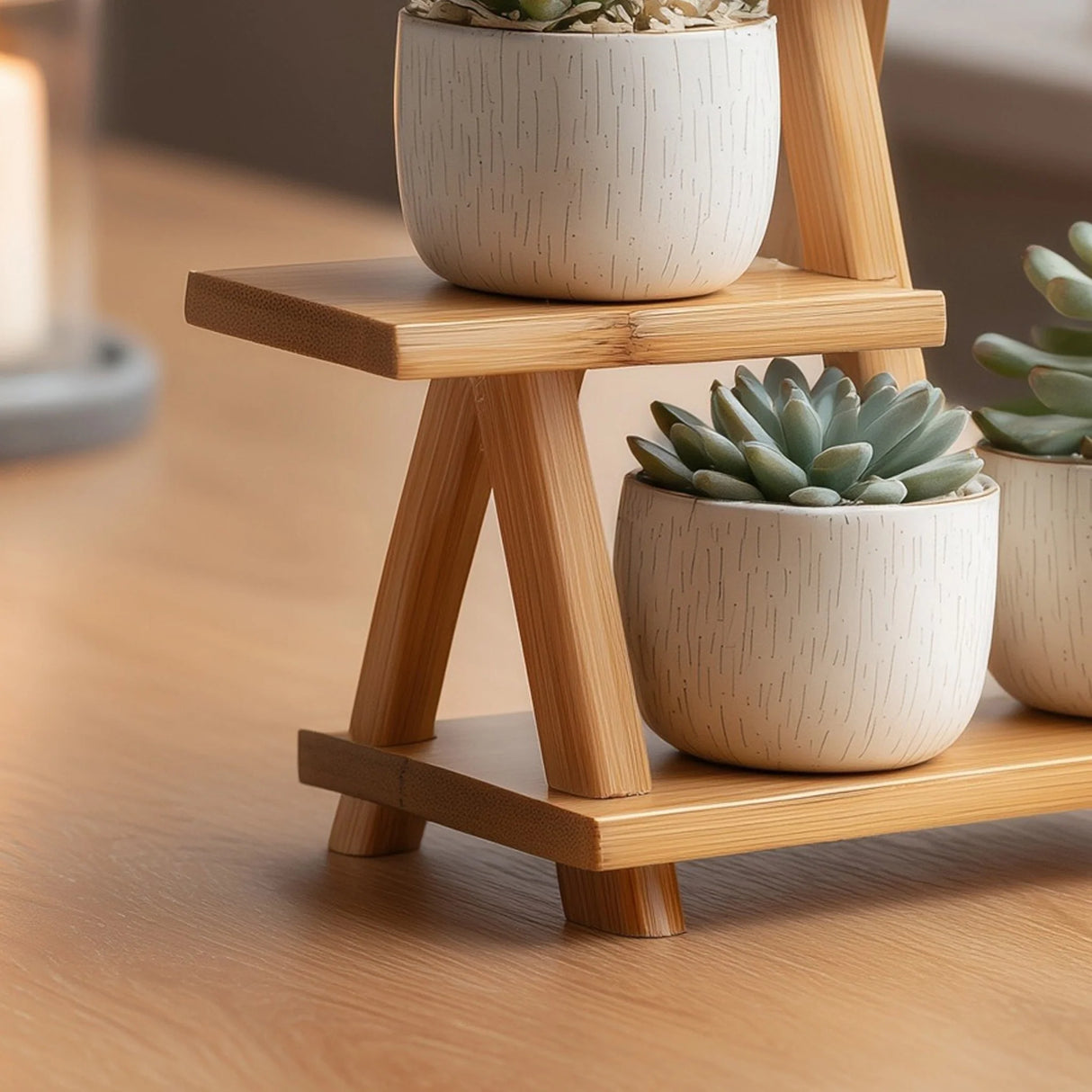 Multi level wooden display stand for small decor close up showing tiered structure