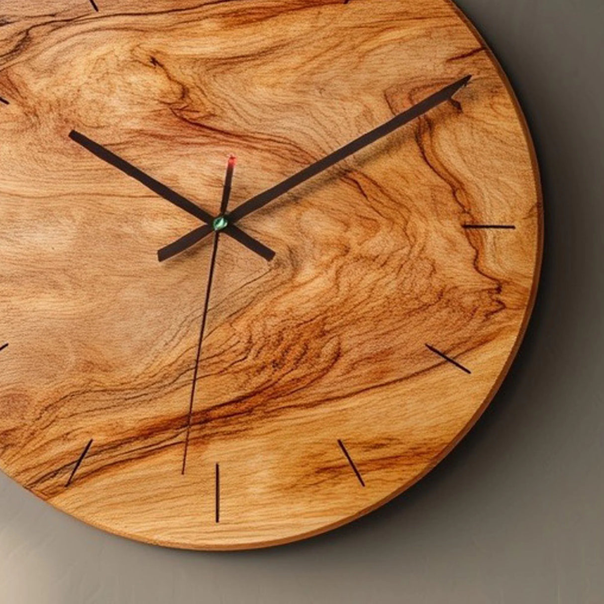 Organic grain round wooden wall clock close up showing wood grain and hands detail
