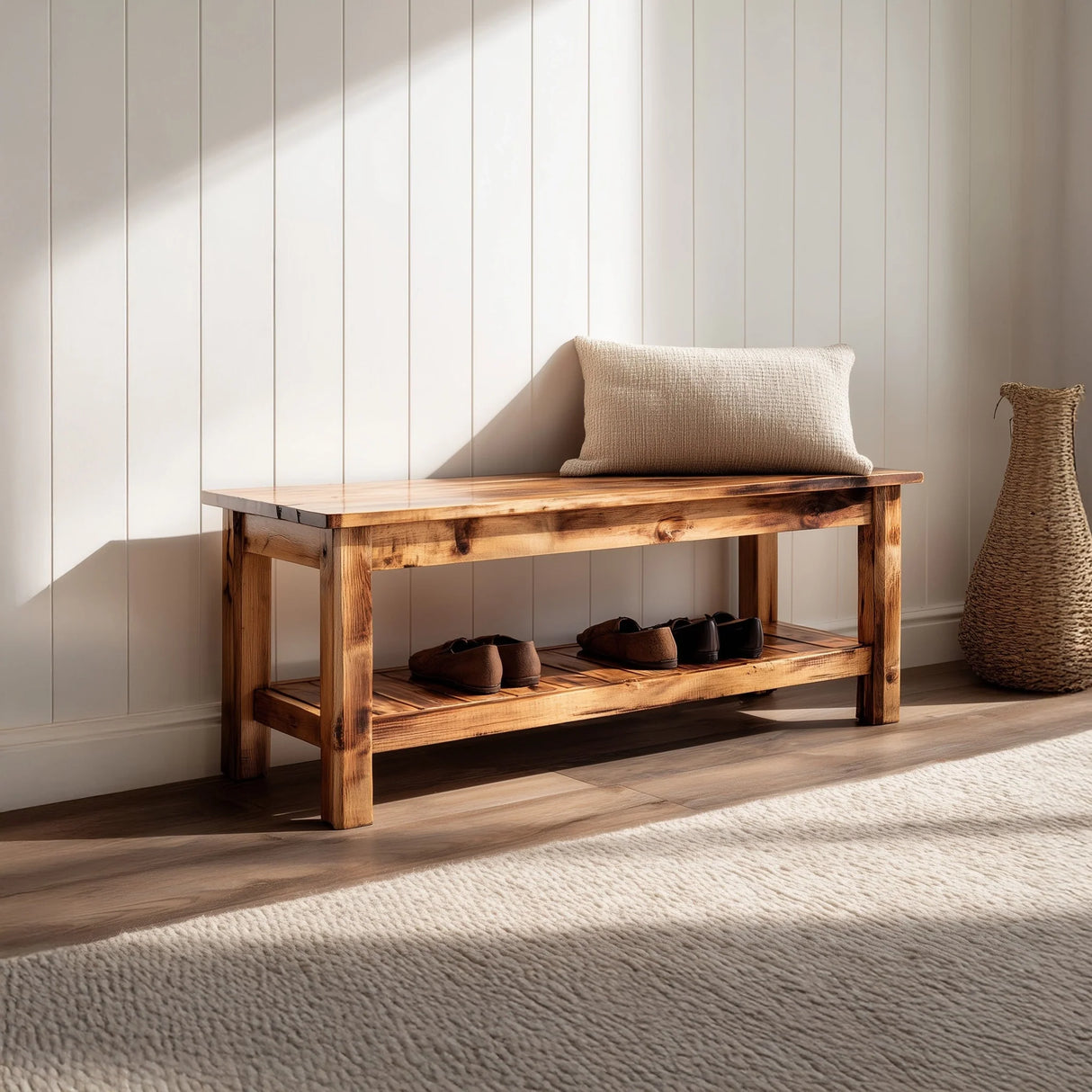 Rustic wooden entryway bench with lower storage shelf placed against wall in natural light