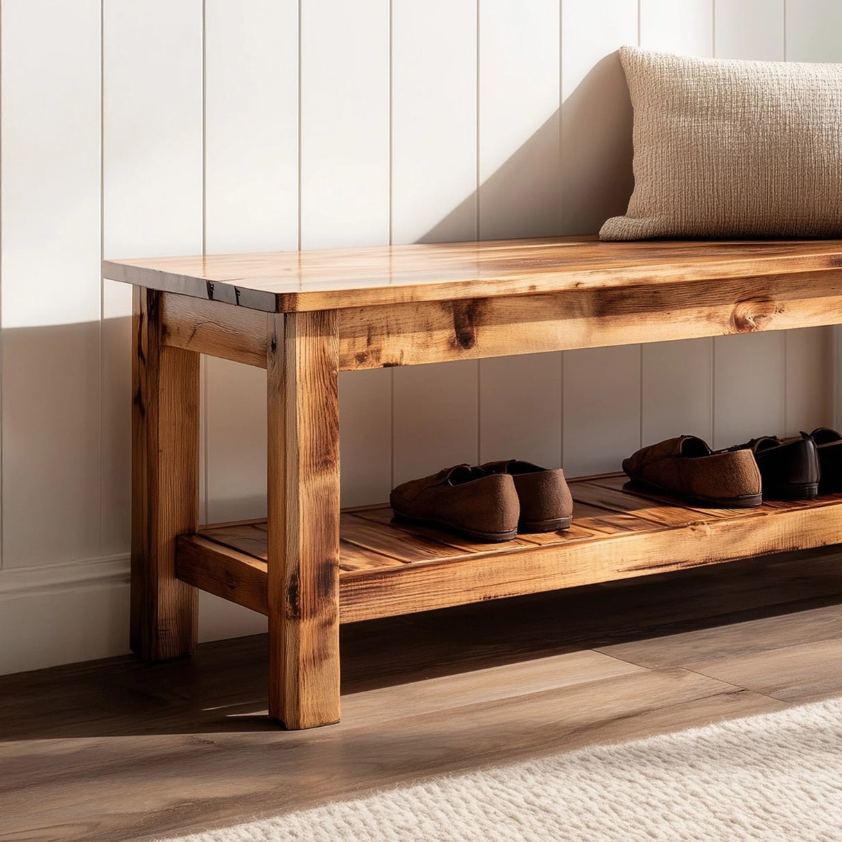 Rustic wooden entryway bench with lower storage shelf angled view highlighting wood texture and structure
