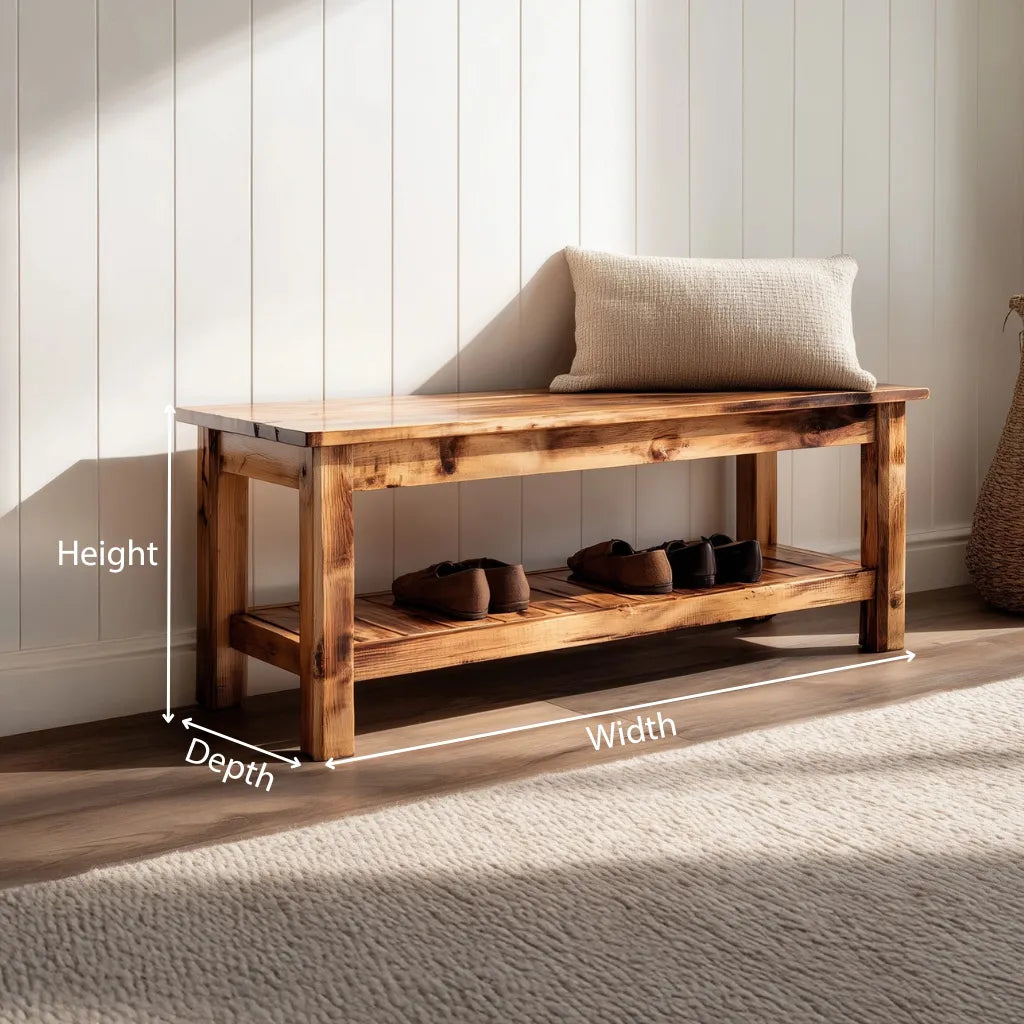 Rustic wooden entryway bench with lower storage shelf dimensions showing height width and depth