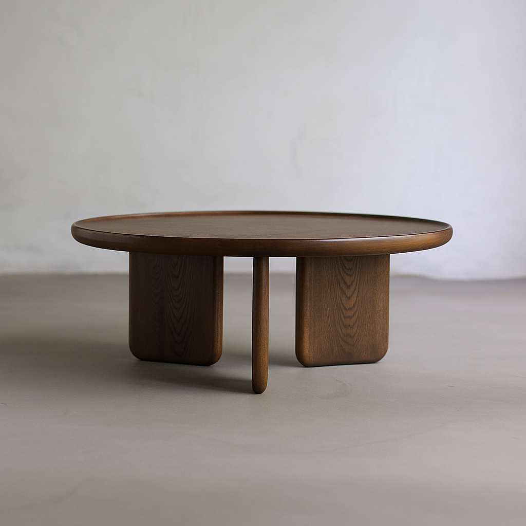 Scandinavian round wooden coffee table with thick legs studio front perspective