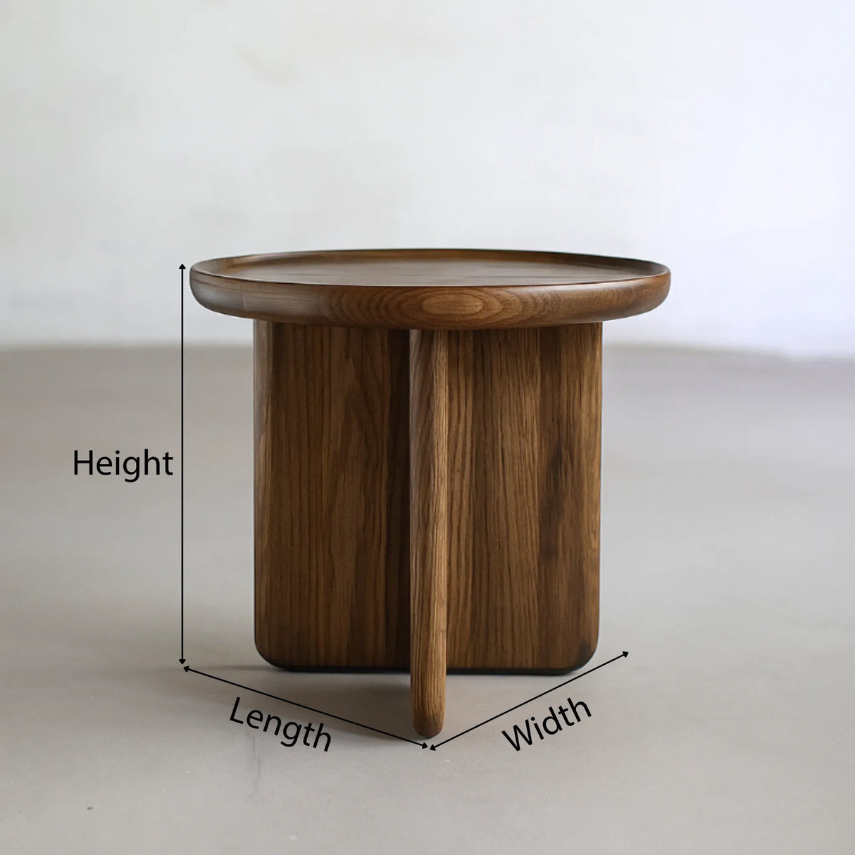 Scandinavian round wooden coffee table with thick legs dimensions showing height and width