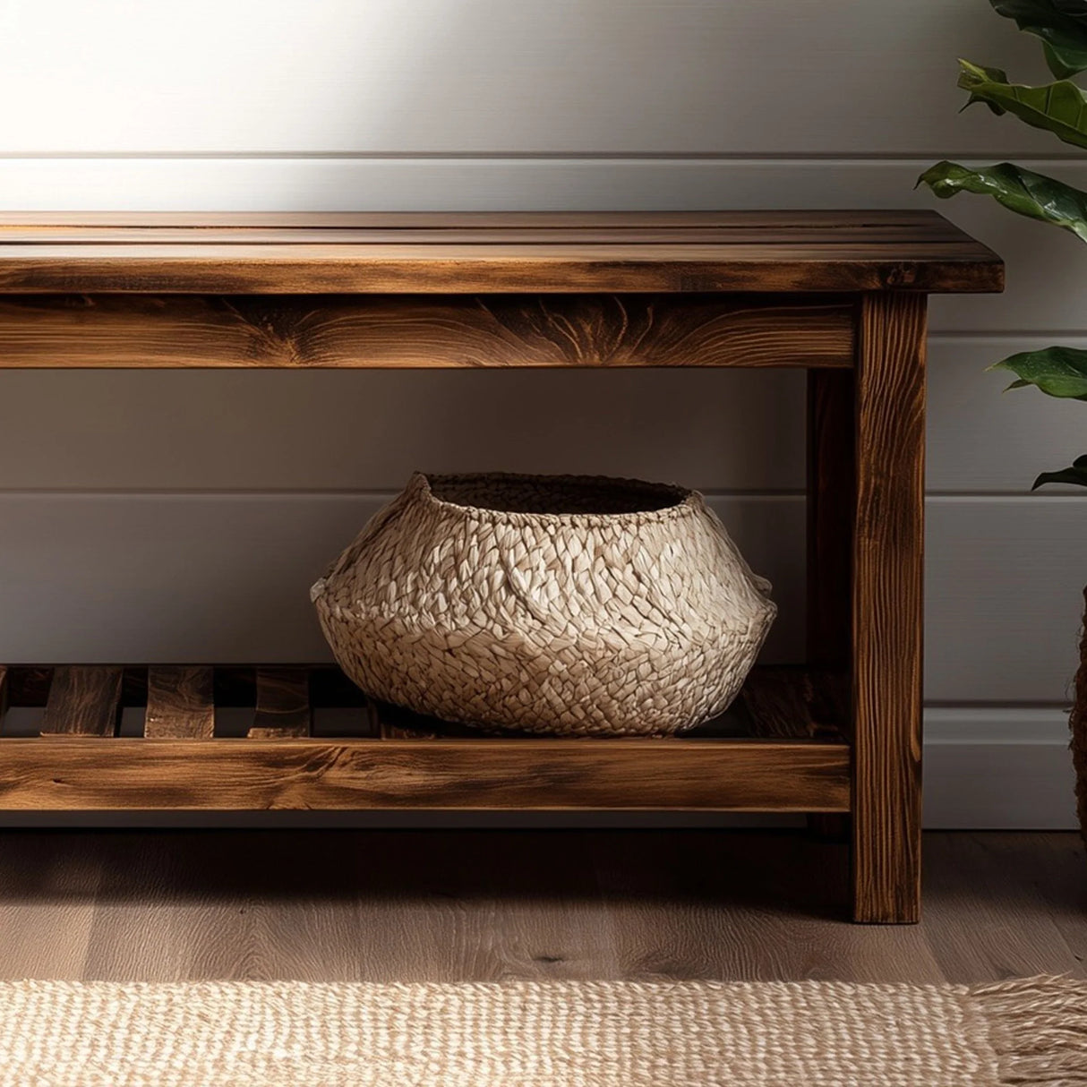 Simple wooden entryway bench with lower storage shelf front view showing open storage space