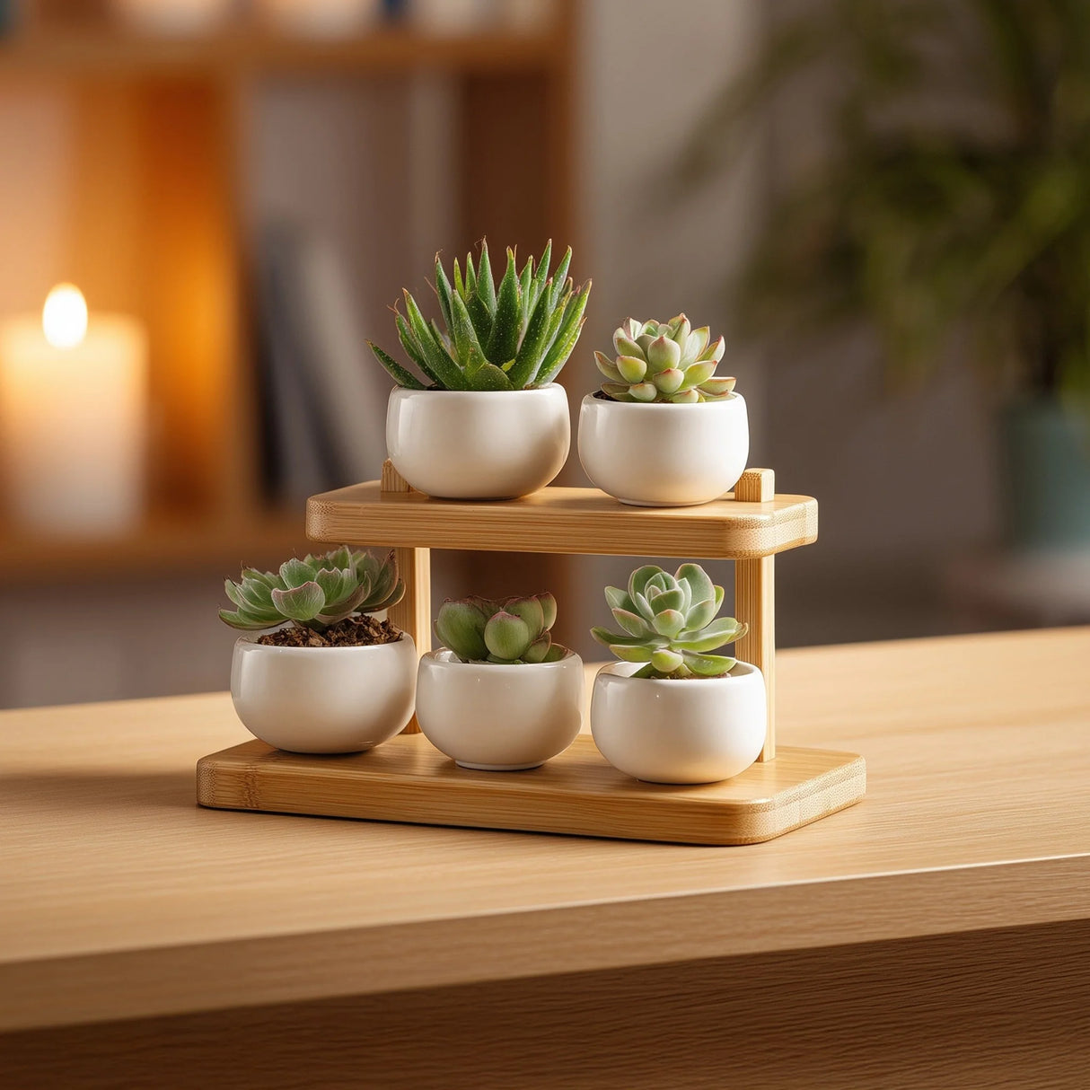Tiered wooden tabletop display organizer for small decor on table