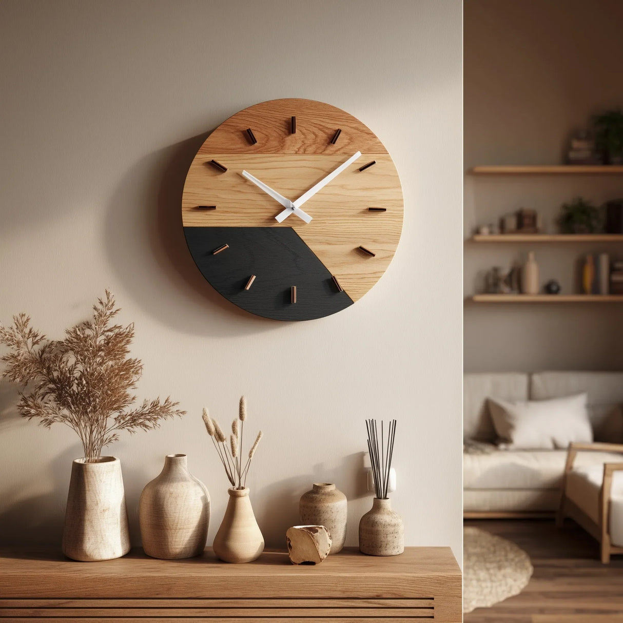 Two tone circular wooden wall clock mounted above console with decor items