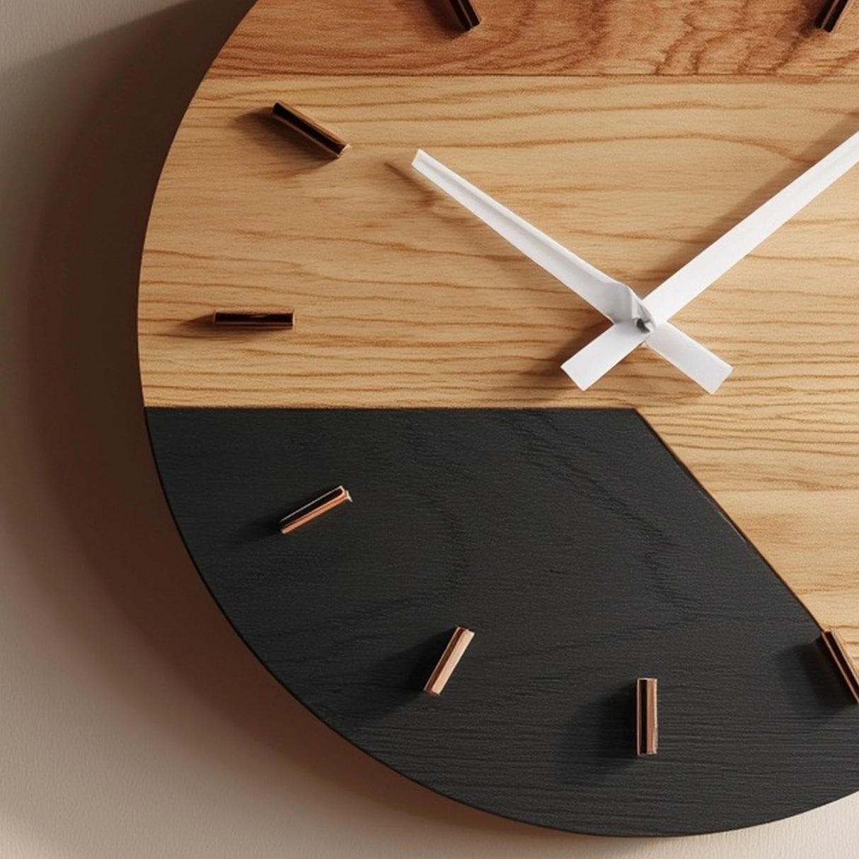 Two tone circular wooden wall clock angled view highlighting contrast wood finish