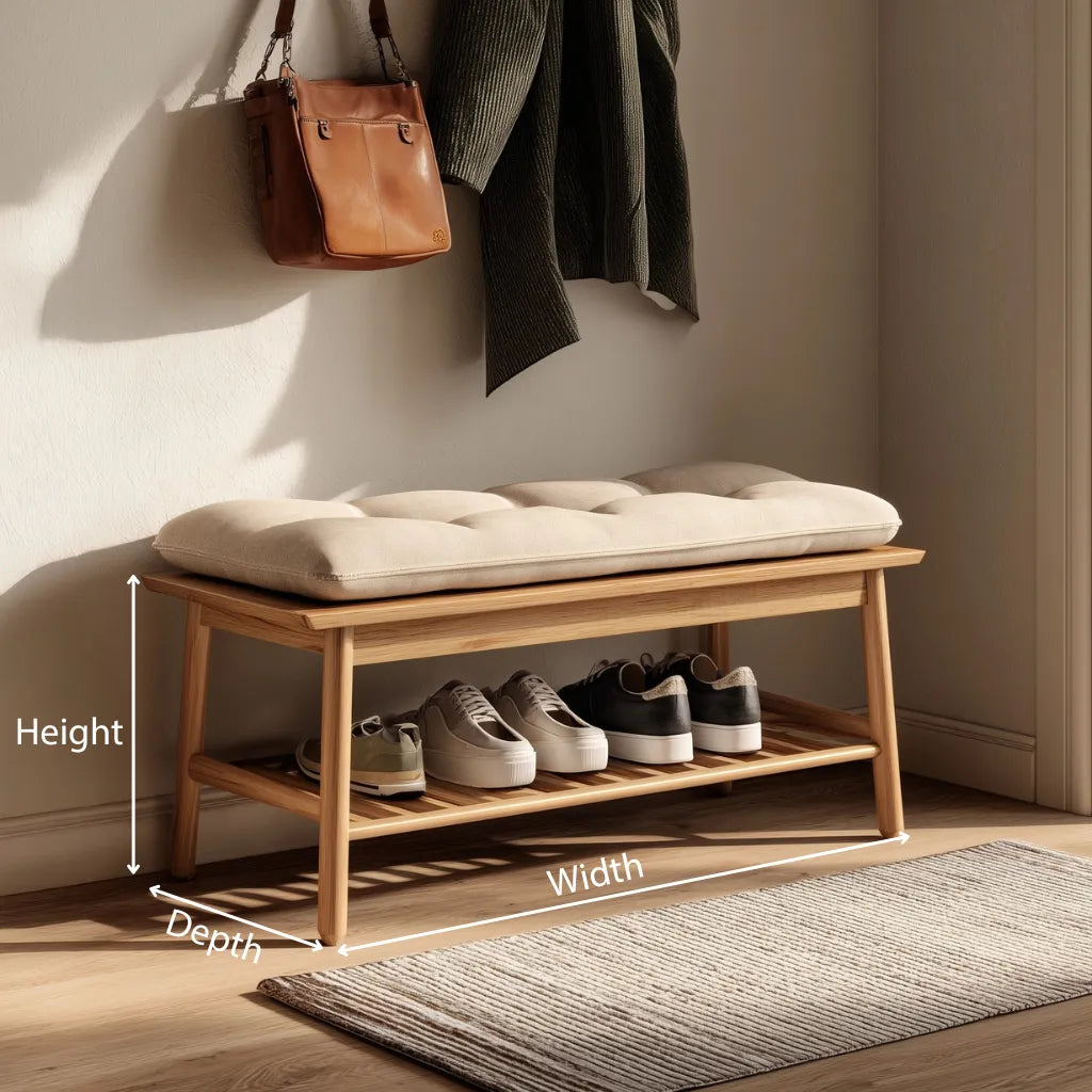 Minimal wooden entryway bench with lower shoe shelf dimensions showing height width and depth