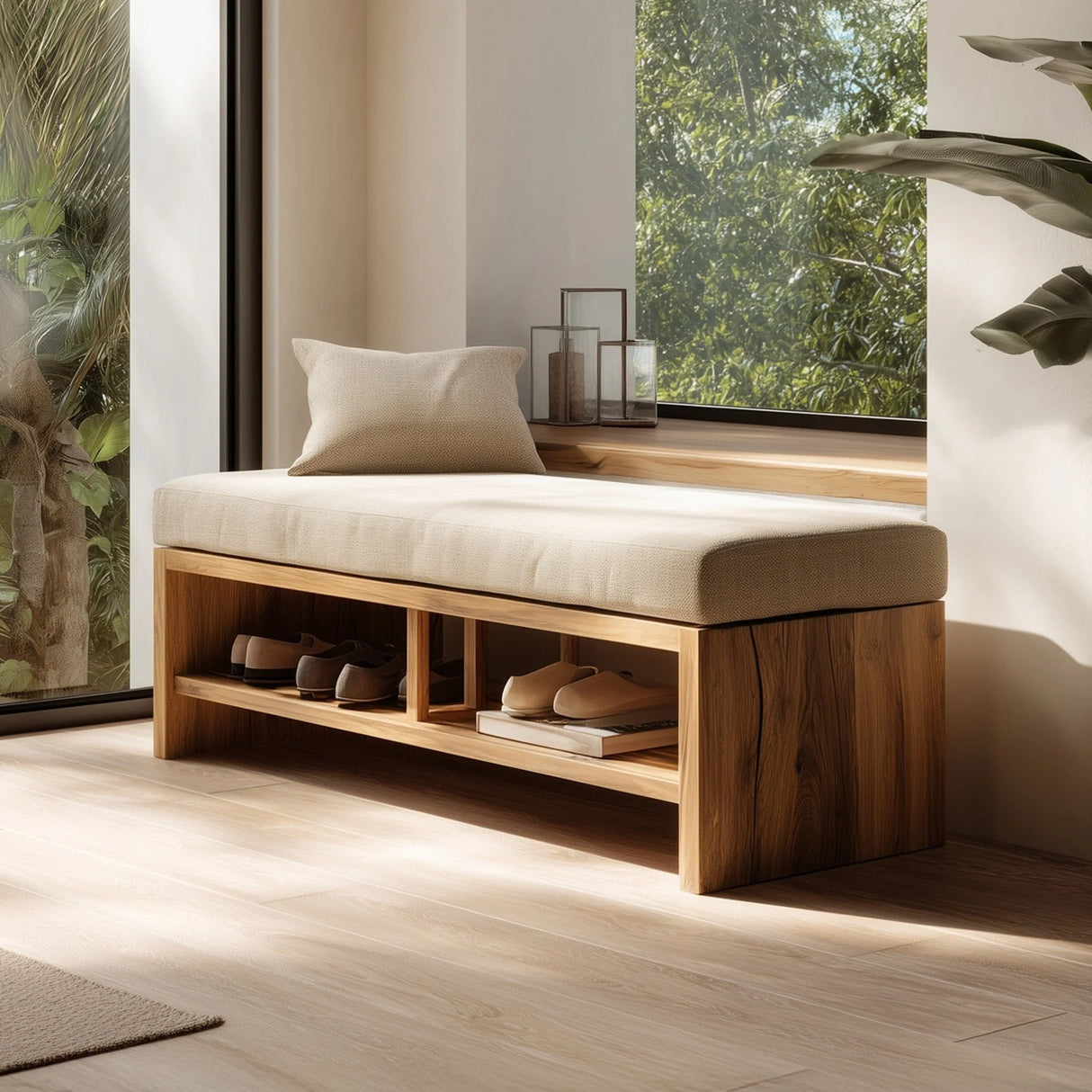 Wooden storage bench with open shelf compartments in entryway setting