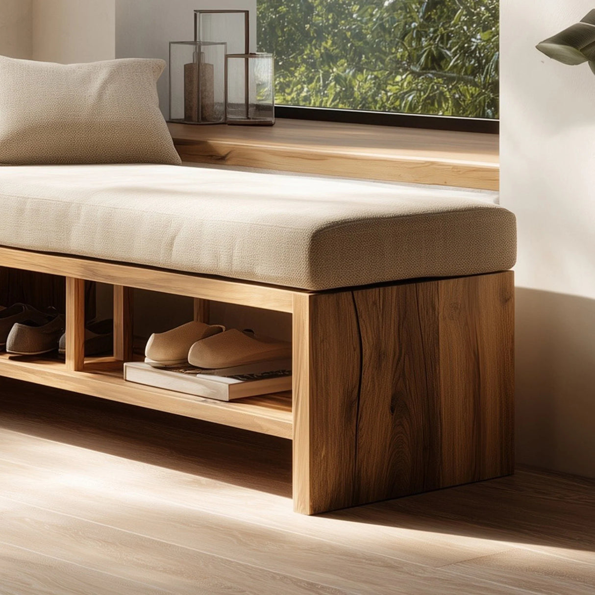 Wooden storage bench with open shelf compartments front view showing organized storage space