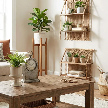 How to Style Coffee Tables With Clocks, Plant Stands, and Rope Shelves