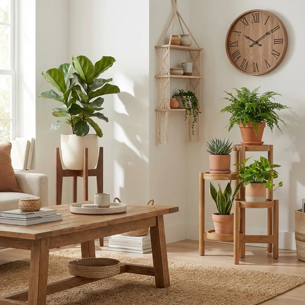 How To Style Plant Stands With Coffee Tables, Rope Shelves, And Clocks