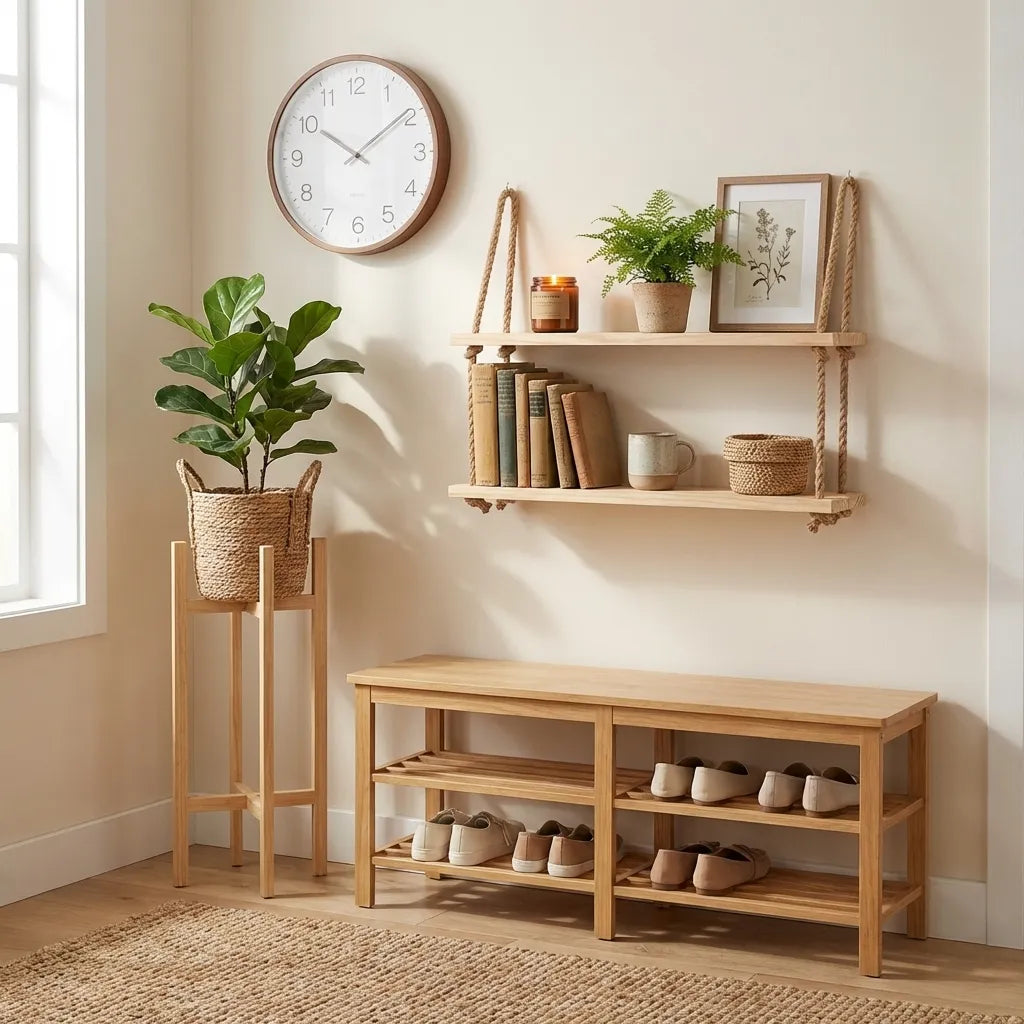 How to Style Rope Shelves With Clocks, Plant Stands, and Shoe Rack Benches