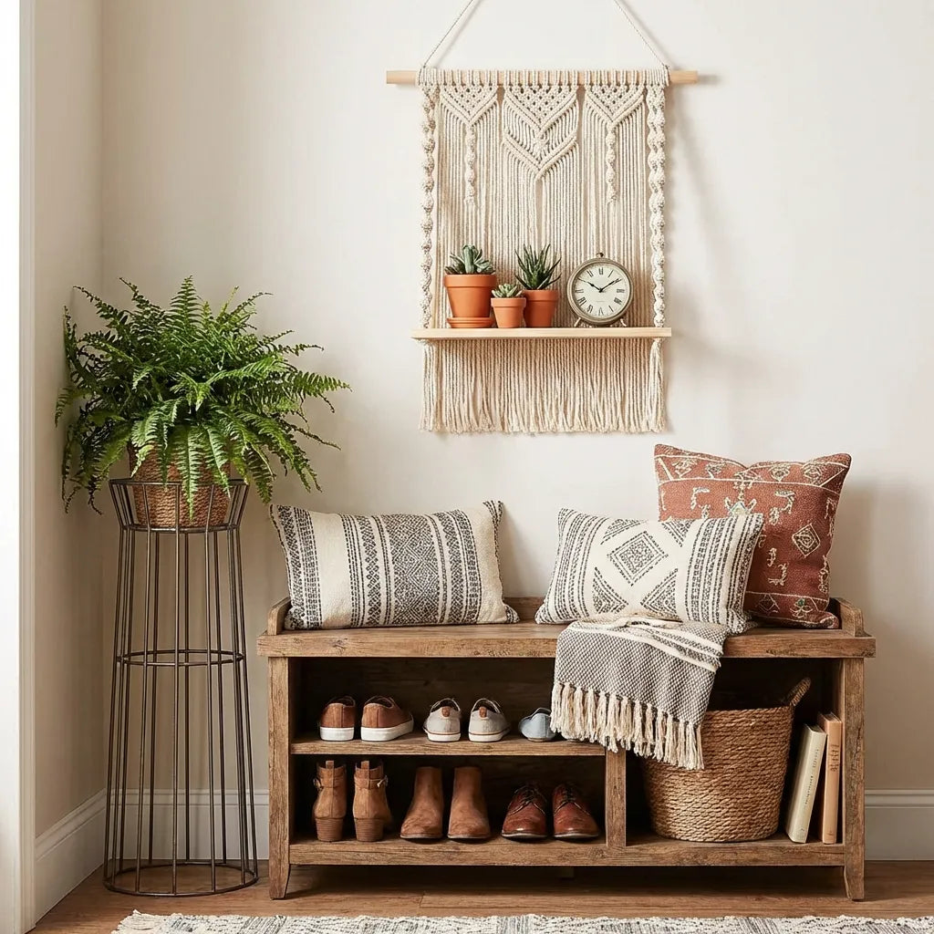How to Style Shoe Rack Benches With Rope Shelves, Clocks, and Plant Stands