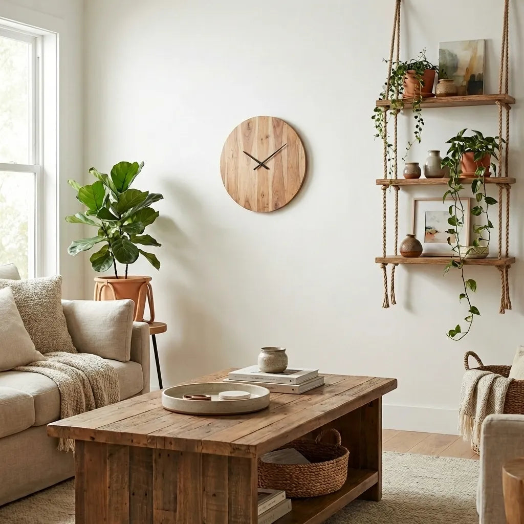 How To Style Wooden Clocks With Coffee Tables, Rope Shelves, And Plant Stands