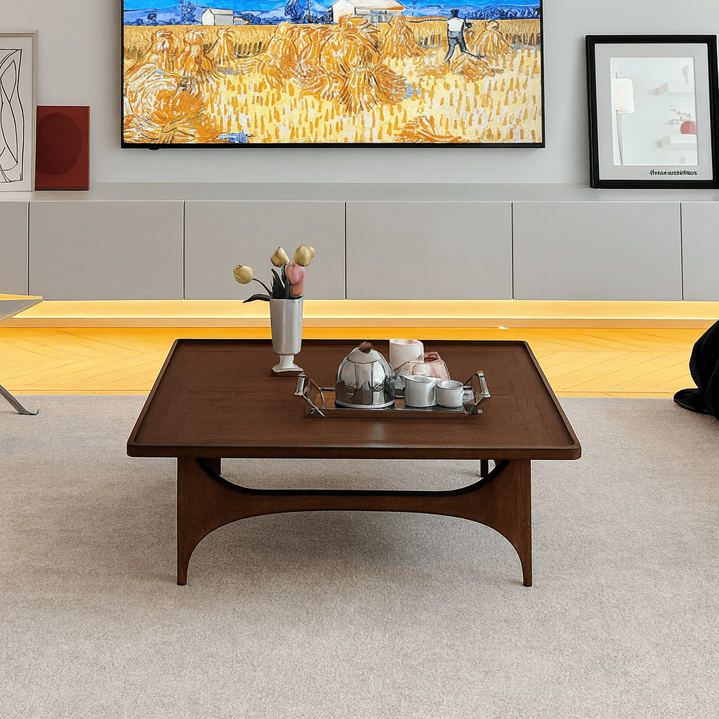 Modern square wooden coffee table with open frame base front view in living room