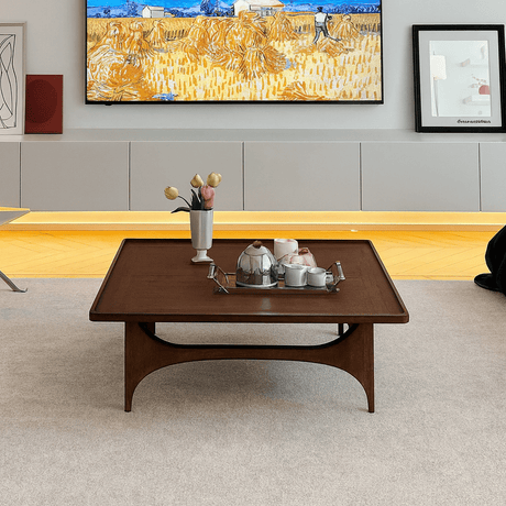 Modern square wooden coffee table with open frame base front view in living room
