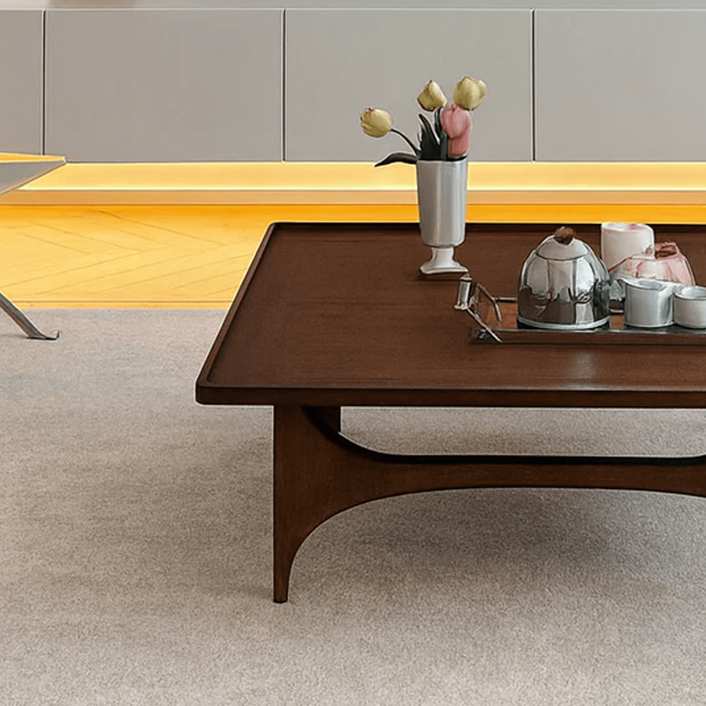 Modern square wooden coffee table with open frame base side view highlighting base design