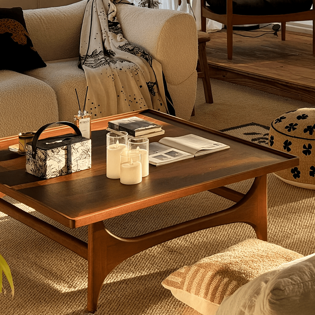 Modern square wooden coffee table with open frame base angled view with sofa
