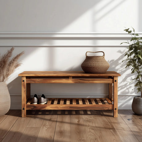 Wooden hallway bench placed against wall with basket decor and natural lighting