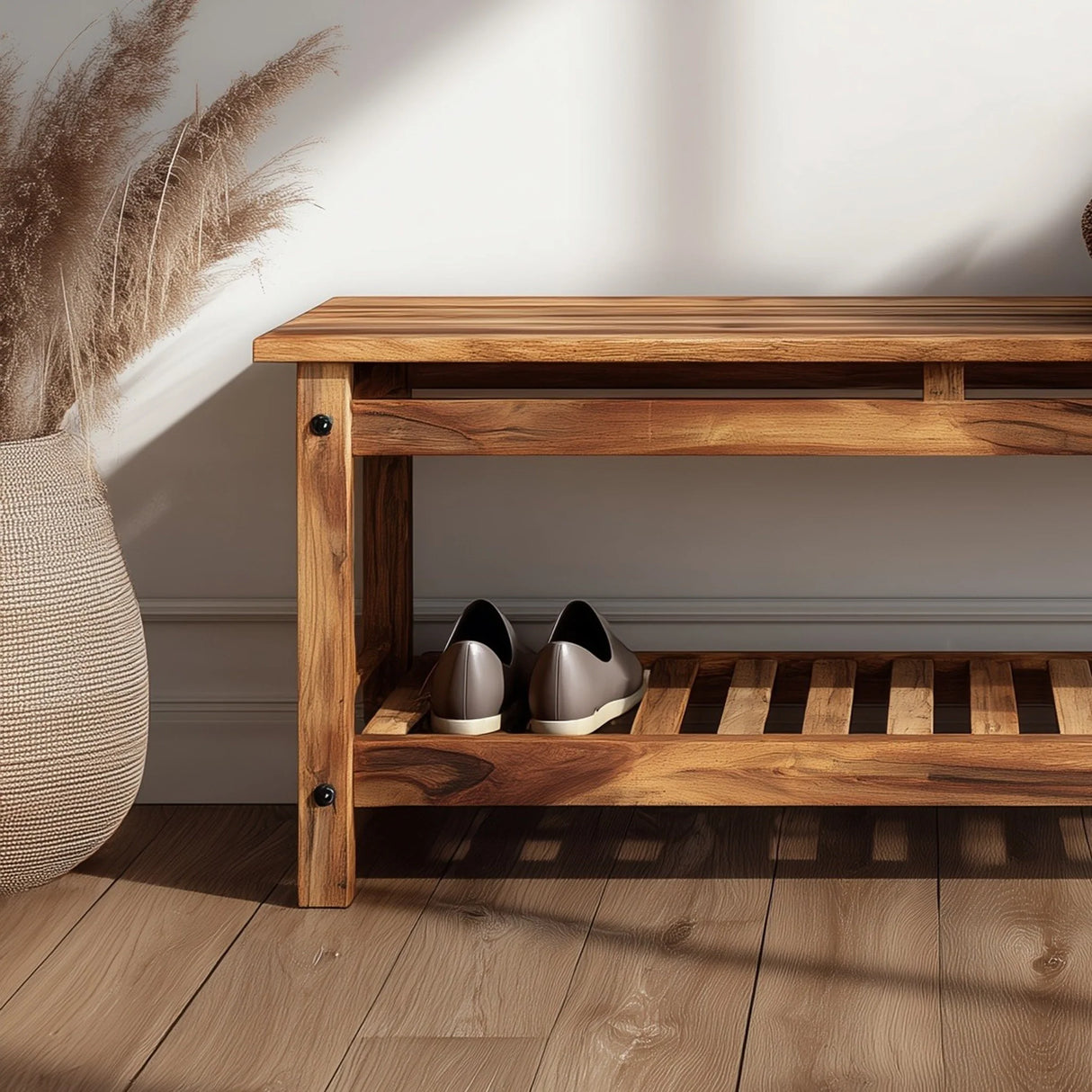 Angled view of wooden hallway bench showing frame and lower shelf detail