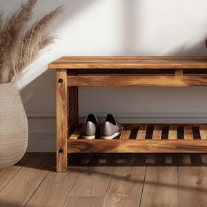 Angled view of wooden hallway bench showing frame and lower shelf detail