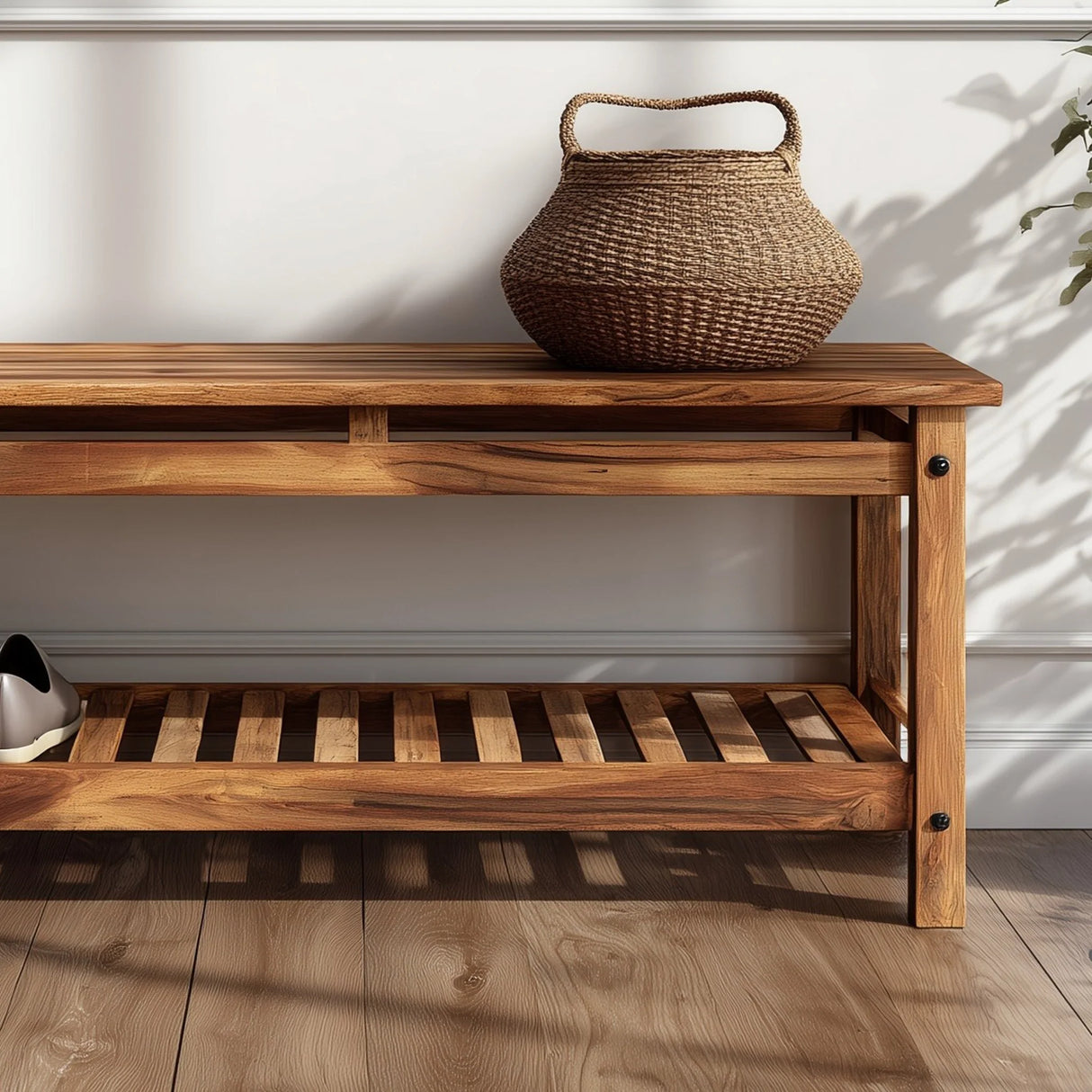 Front view of classic wooden bench with open slatted shelf for shoe storage