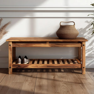 Classic wooden hallway bench with open slatted shelf in a warm entryway setting