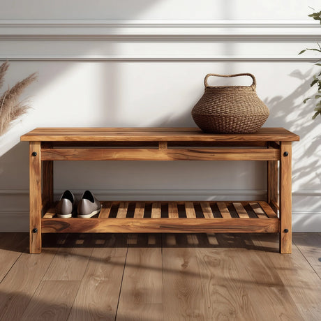 Classic wooden hallway bench with open slatted shelf in a warm entryway setting