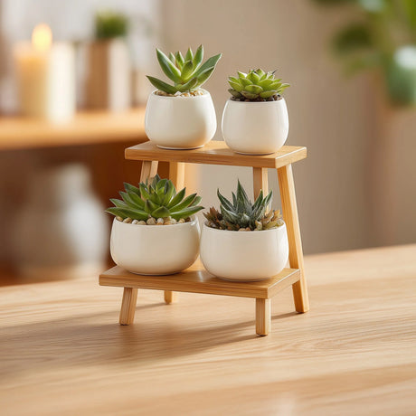 Tiered wooden desktop display stand for small decor on table with plants
