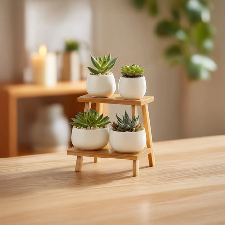 Tiered wooden desktop display stand for small decor placed in warm indoor setting