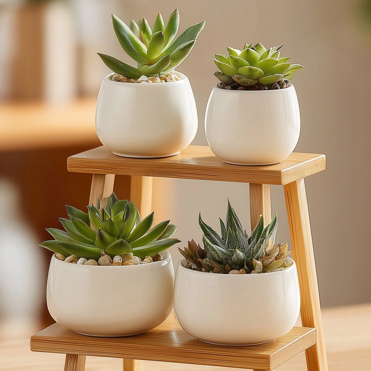 Tiered wooden desktop display stand for small decor angled view highlighting structure