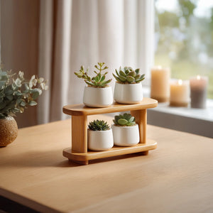 Two tier wooden display stand for small decor placed near window
